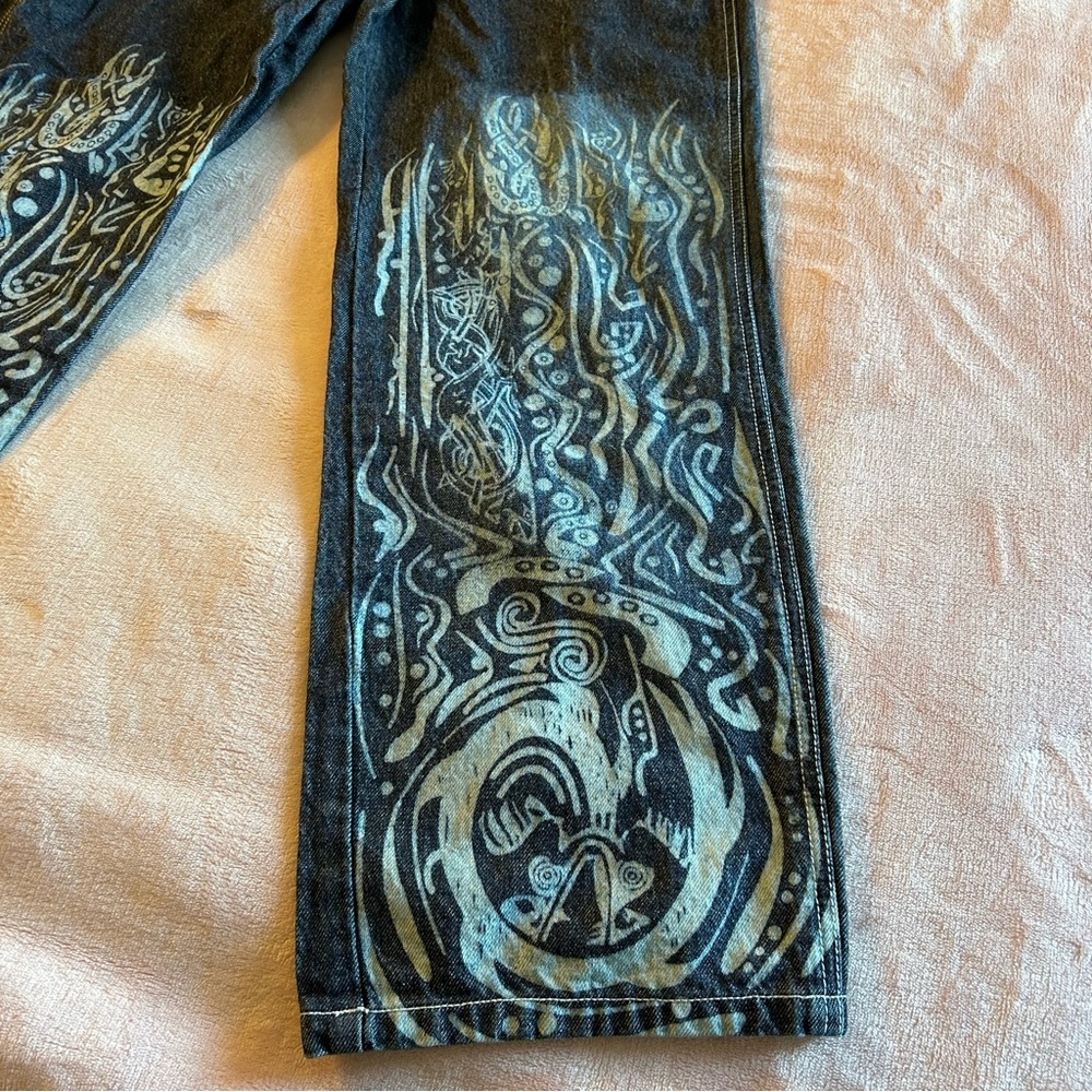 Crest Jeans vintage Y2K overalls with tribal design on legs size L rare - Picture 2 of 11